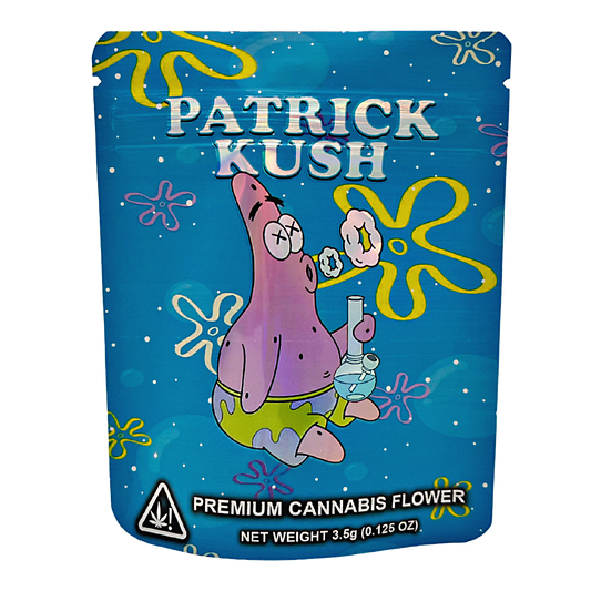3.5G Mylar Bags, Cannabis Mylar Bags, Where to buy mylar bags, Custom mylar bags near me, Mylar Bags Wholesale. Patrick Kush premium cannabis flower packaging with cartoon character on blue background