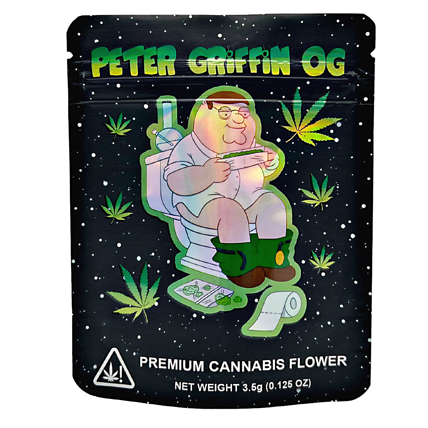 3.5G Mylar Bags, Cannabis Mylar Bags, Where to buy mylar bags, Custom mylar bags near me, Mylar Bags Wholesale. Cannabis packaging with a cartoon character on a black background
