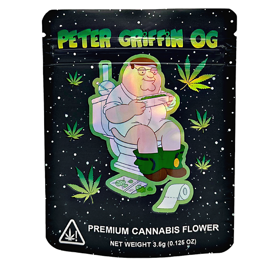3.5G Mylar Bags, Cannabis Mylar Bags, Where to buy mylar bags, Custom mylar bags near me, Mylar Bags Wholesale. Cannabis packaging with a cartoon character on a black background