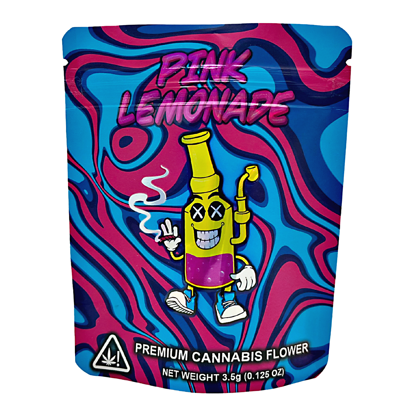 3.5G Mylar Bags, Cannabis Mylar Bags, Where to buy mylar bags, Custom mylar bags near me, Mylar Bags Wholesale. Colorful packaging of 'Pink Lemonade' premium cannabis flower with cartoon character on a white background