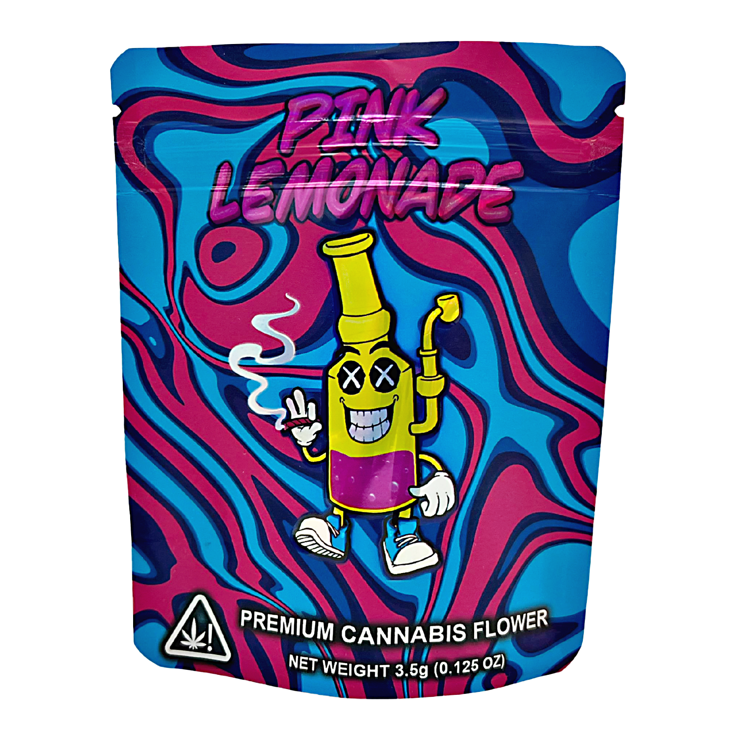 3.5G Mylar Bags, Cannabis Mylar Bags, Where to buy mylar bags, Custom mylar bags near me, Mylar Bags Wholesale. Colorful packaging of 'Pink Lemonade' premium cannabis flower with cartoon character on a white background