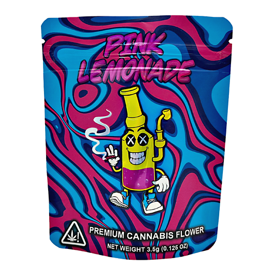 3.5G Mylar Bags, Cannabis Mylar Bags, Where to buy mylar bags, Custom mylar bags near me, Mylar Bags Wholesale. Colorful packaging of 'Pink Lemonade' premium cannabis flower with cartoon character on a white background