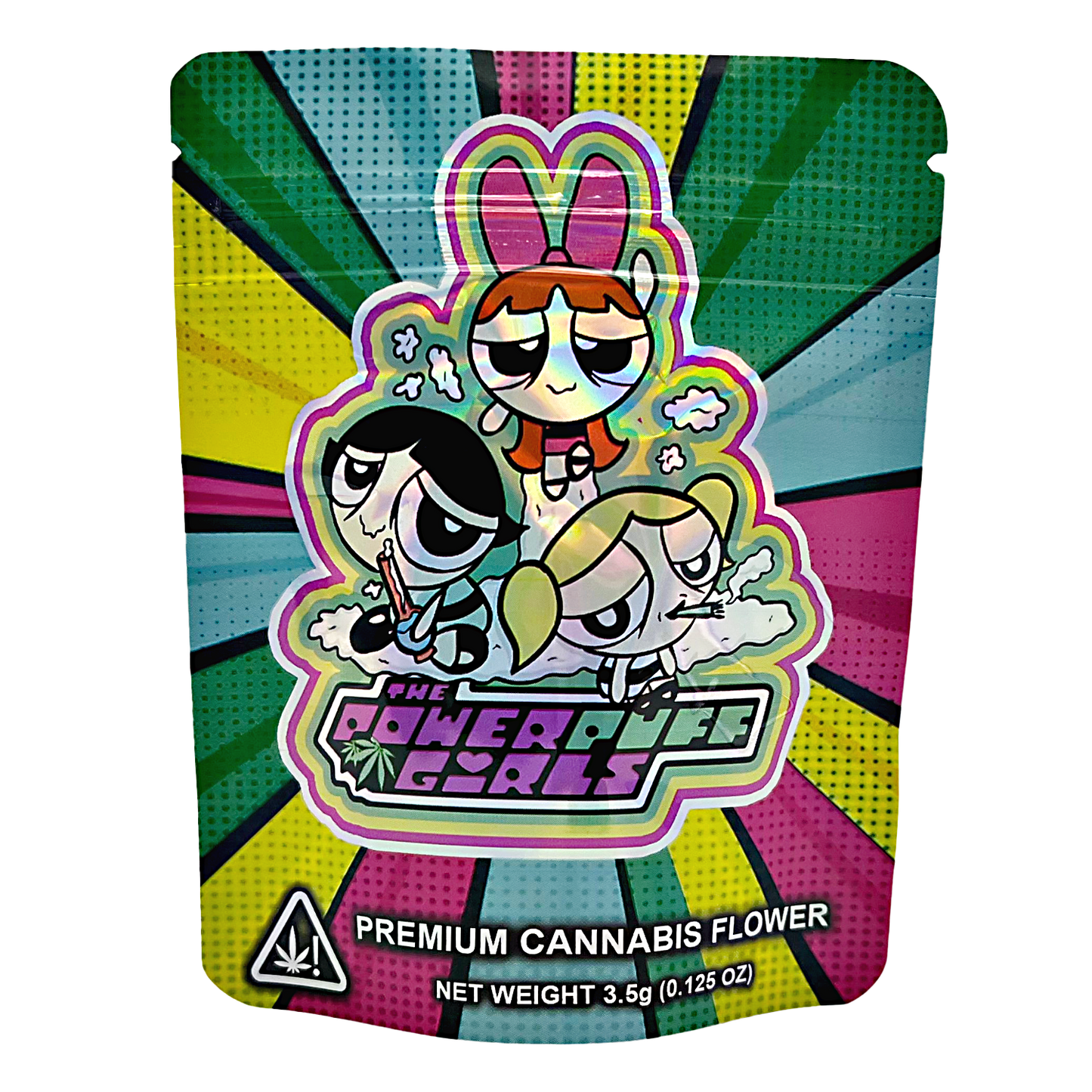 3.5G Mylar Bags, Cannabis Mylar Bags, Where to buy mylar bags, Custom mylar bags near me, Mylar Bags Wholesale. Cannabis packaging with Powerpuff Girls design on a colorful background