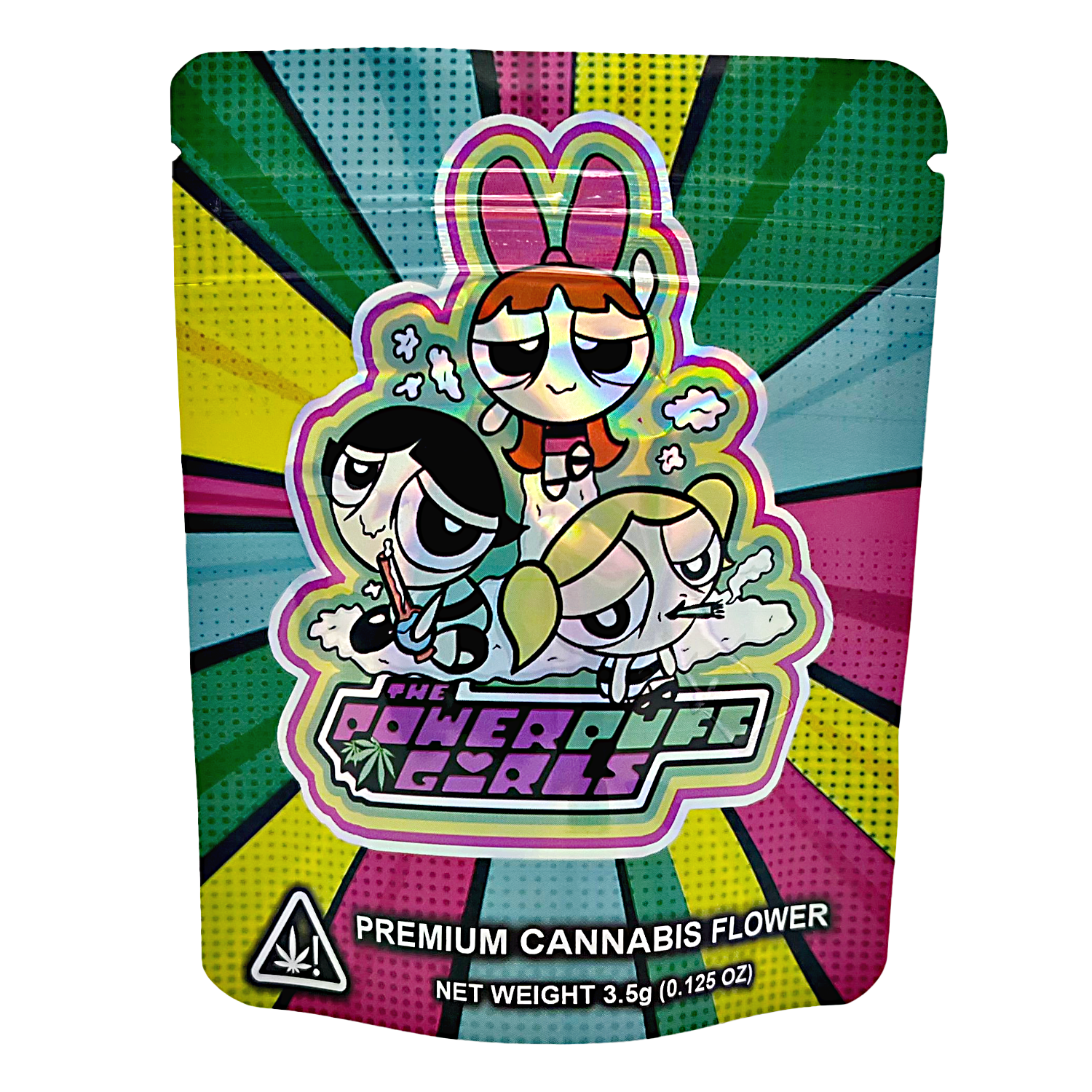 3.5G Mylar Bags, Cannabis Mylar Bags, Where to buy mylar bags, Custom mylar bags near me, Mylar Bags Wholesale. Cannabis packaging with Powerpuff Girls design on a colorful background