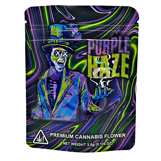 3.5G Mylar Bags, Cannabis Mylar Bags, Where to buy mylar bags, Custom mylar bags near me, Mylar Bags Wholesale. Cannabis packaging with a colorful design and text 'Purple Haze' on a white background.