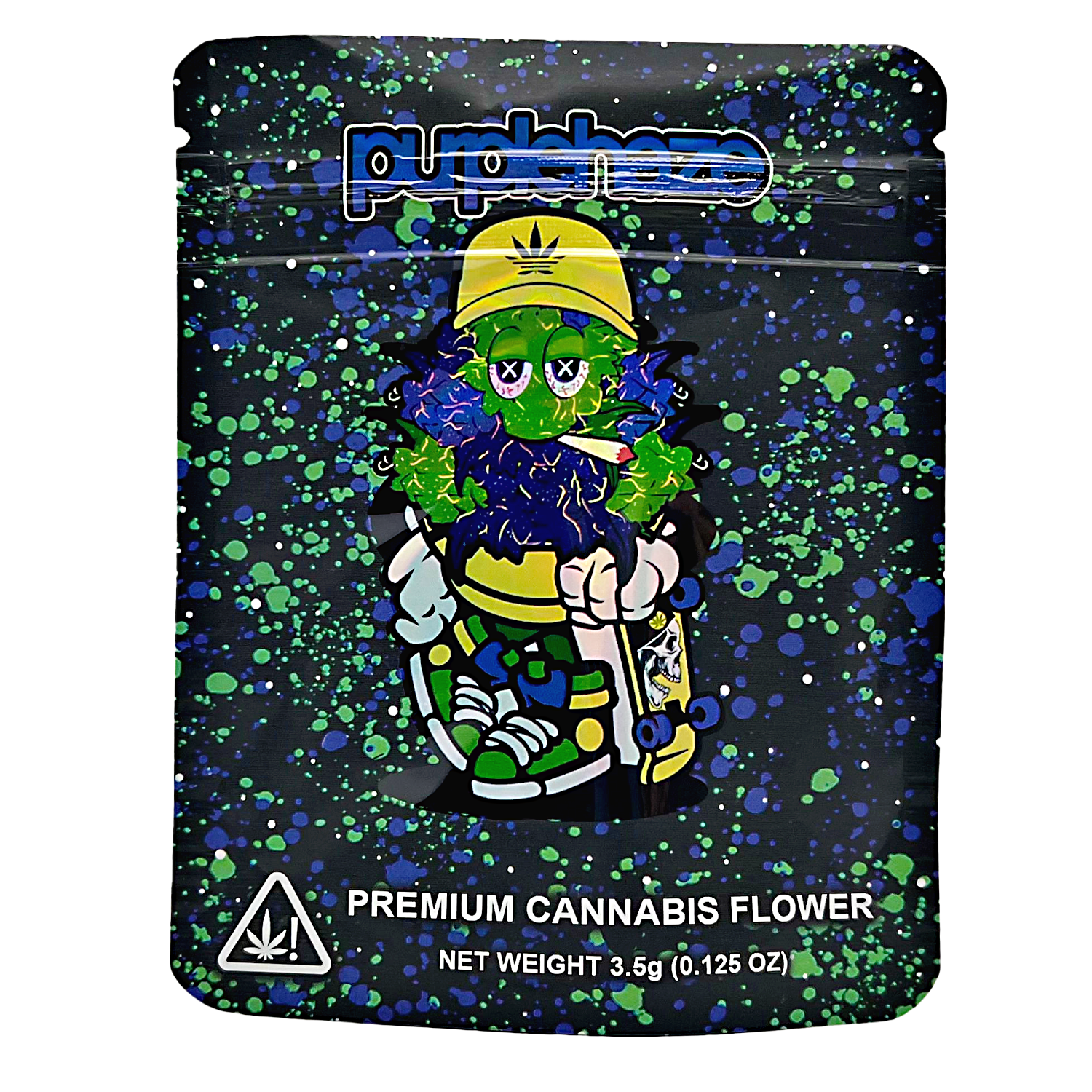 3.5G Mylar Bags, Cannabis Mylar Bags, Where to buy mylar bags, Custom mylar bags near me, Mylar Bags Wholesale. Cannabis packaging with cartoon character and brand logo on a black background with blue and green splatter.