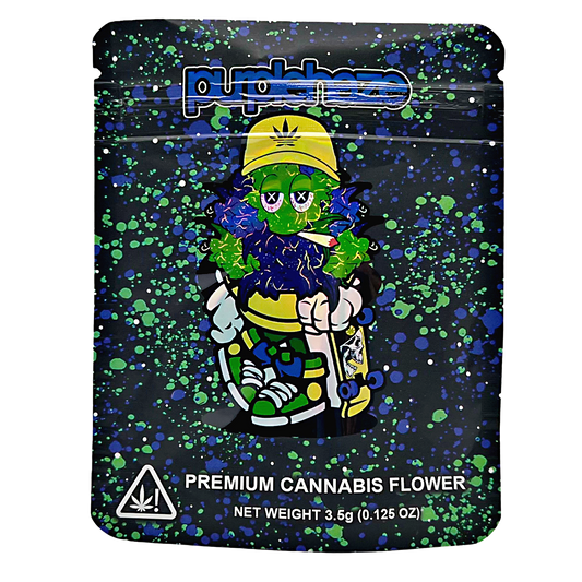 3.5G Mylar Bags, Cannabis Mylar Bags, Where to buy mylar bags, Custom mylar bags near me, Mylar Bags Wholesale. Cannabis packaging with cartoon character and brand logo on a black background with blue and green splatter.