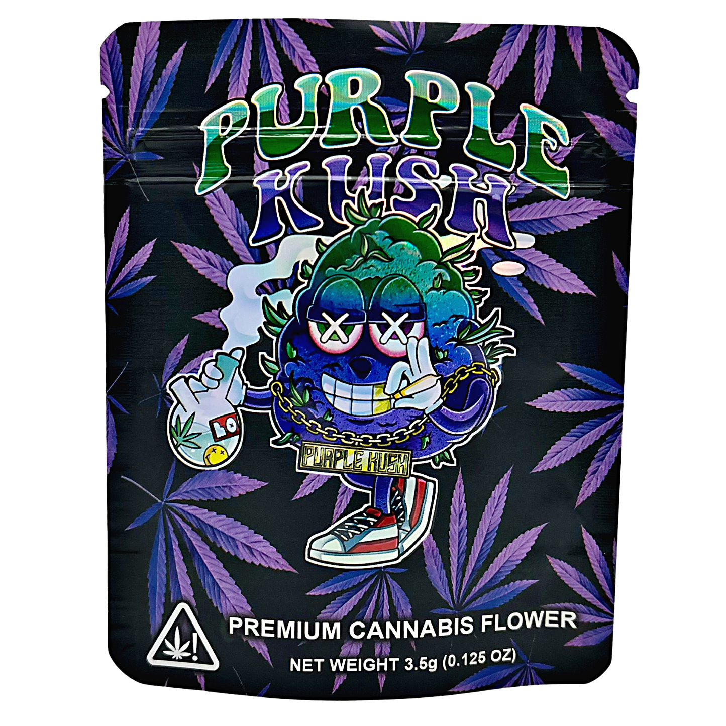 3.5G Mylar Bags, Cannabis Mylar Bags, Where to buy mylar bags, Custom mylar bags near me, Mylar Bags Wholesale. Purple Kush cannabis packaging with cartoon character and leaf design