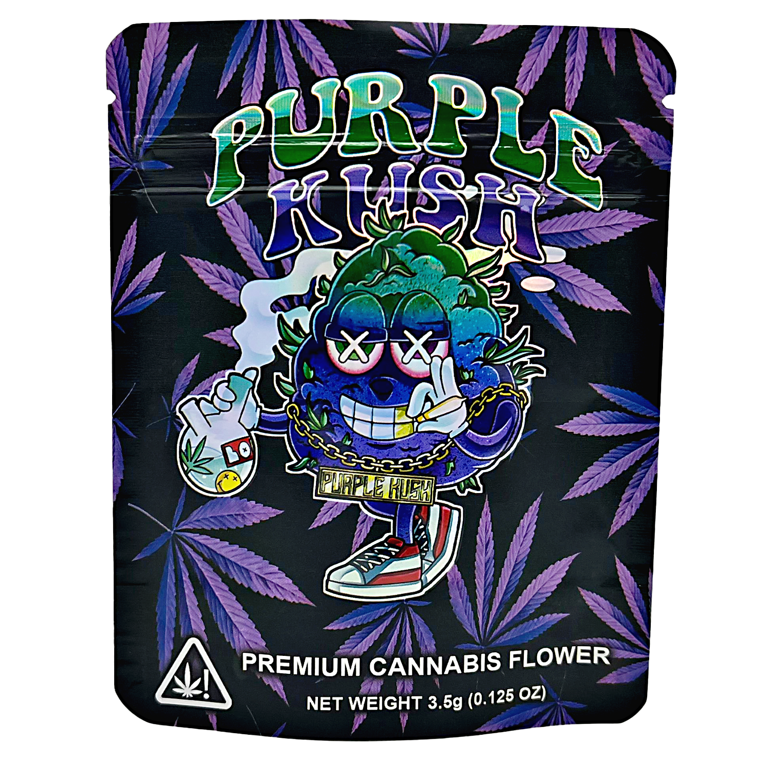 3.5G Mylar Bags, Cannabis Mylar Bags, Where to buy mylar bags, Custom mylar bags near me, Mylar Bags Wholesale. Purple Kush cannabis packaging with cartoon character and leaf design