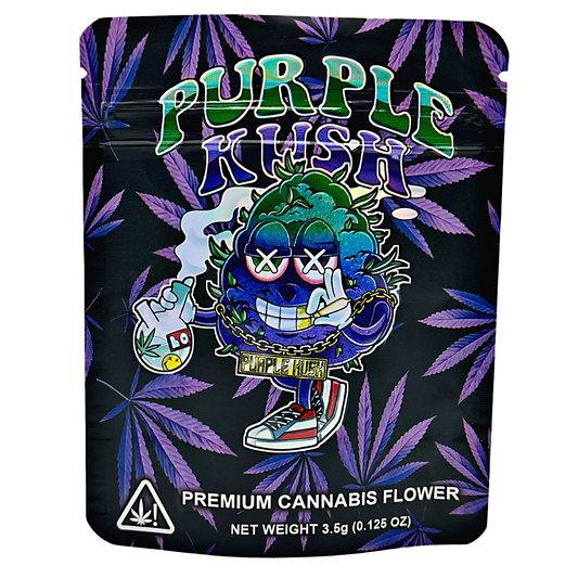 3.5G Mylar Bags, Cannabis Mylar Bags, Where to buy mylar bags, Custom mylar bags near me, Mylar Bags Wholesale. Purple Kush cannabis packaging with cartoon character and leaf design