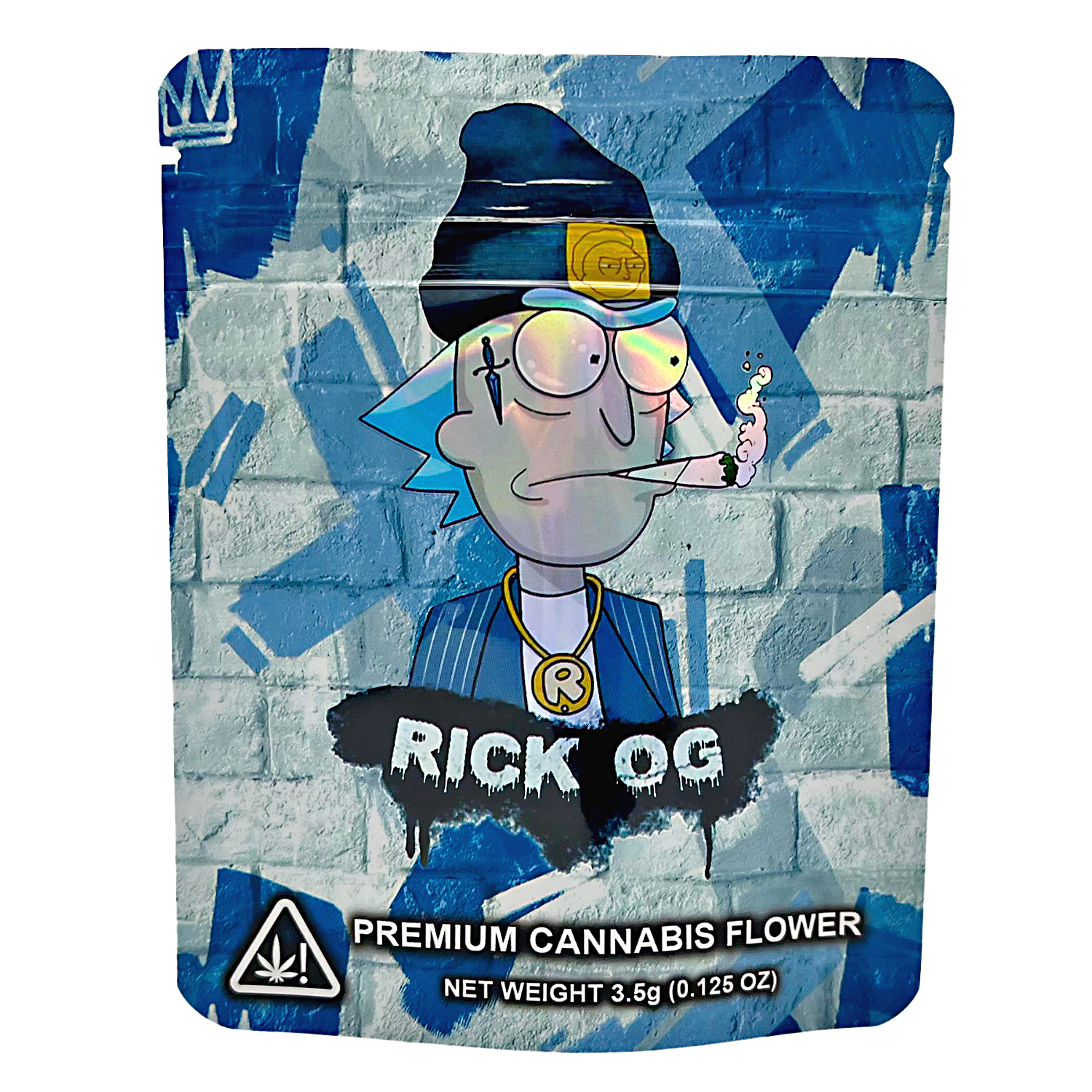 3.5G Mylar Bags, Cannabis Mylar Bags, Where to buy mylar bags, Custom mylar bags near me, Mylar Bags Wholesale. Packaging of Rick and Morty-themed cannabis product with cartoon character on a blue and gray background.