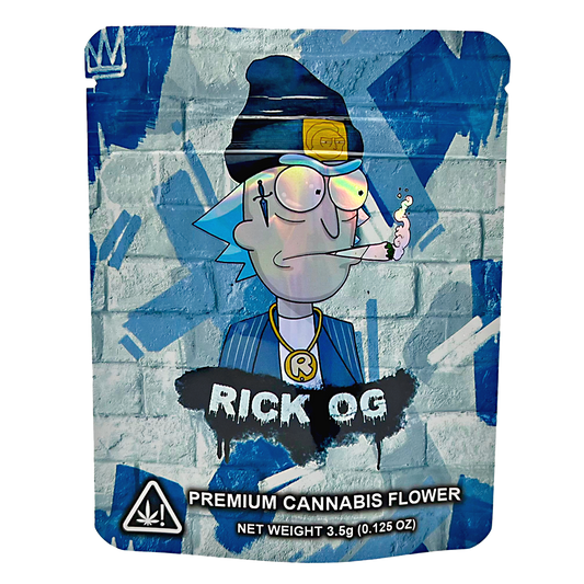 3.5G Mylar Bags, Cannabis Mylar Bags, Where to buy mylar bags, Custom mylar bags near me, Mylar Bags Wholesale. Packaging of Rick and Morty-themed cannabis product with cartoon character on a blue and gray background.