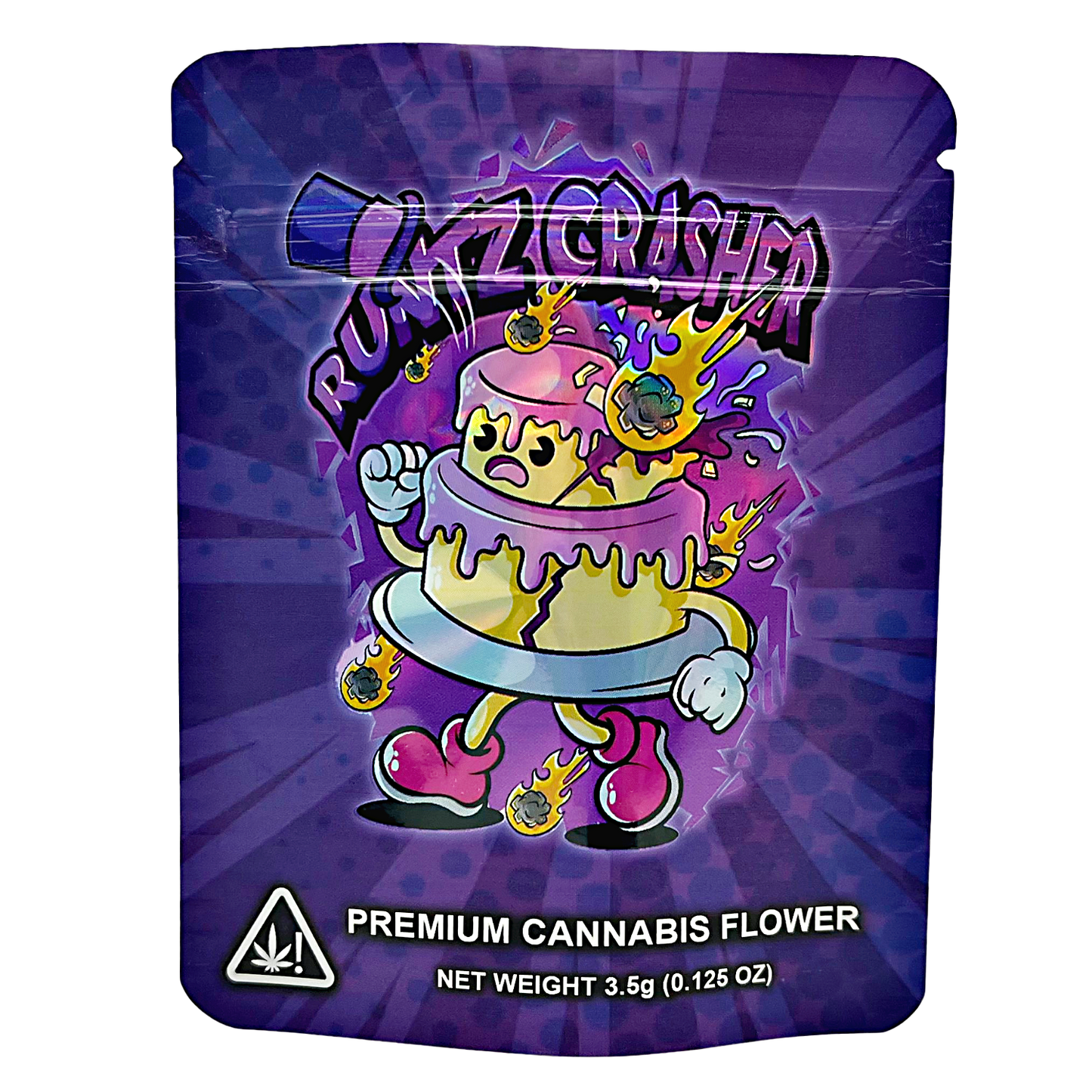 3.5G Mylar Bags, Cannabis Mylar Bags, Where to buy mylar bags, Custom mylar bags near me, Mylar Bags Wholesale. Cannabis packaging with cartoon character and brand logo on a purple background