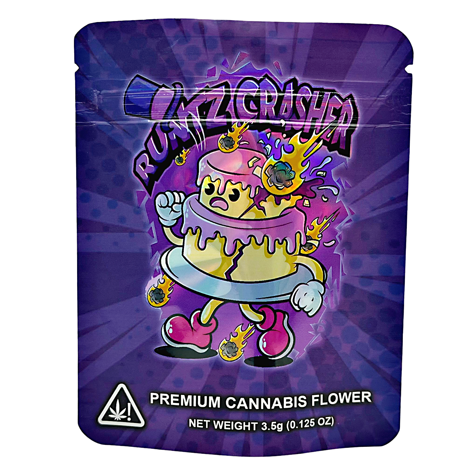 3.5G Mylar Bags, Cannabis Mylar Bags, Where to buy mylar bags, Custom mylar bags near me, Mylar Bags Wholesale. Cannabis packaging with cartoon character and brand logo on a purple background
