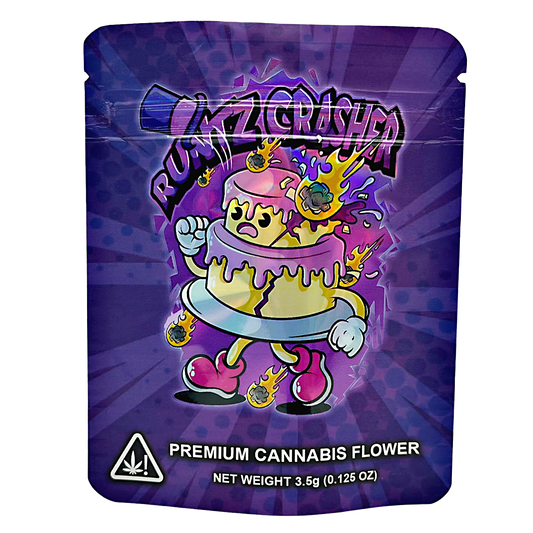 3.5G Mylar Bags, Cannabis Mylar Bags, Where to buy mylar bags, Custom mylar bags near me, Mylar Bags Wholesale. Cannabis packaging with cartoon character and brand logo on a purple background