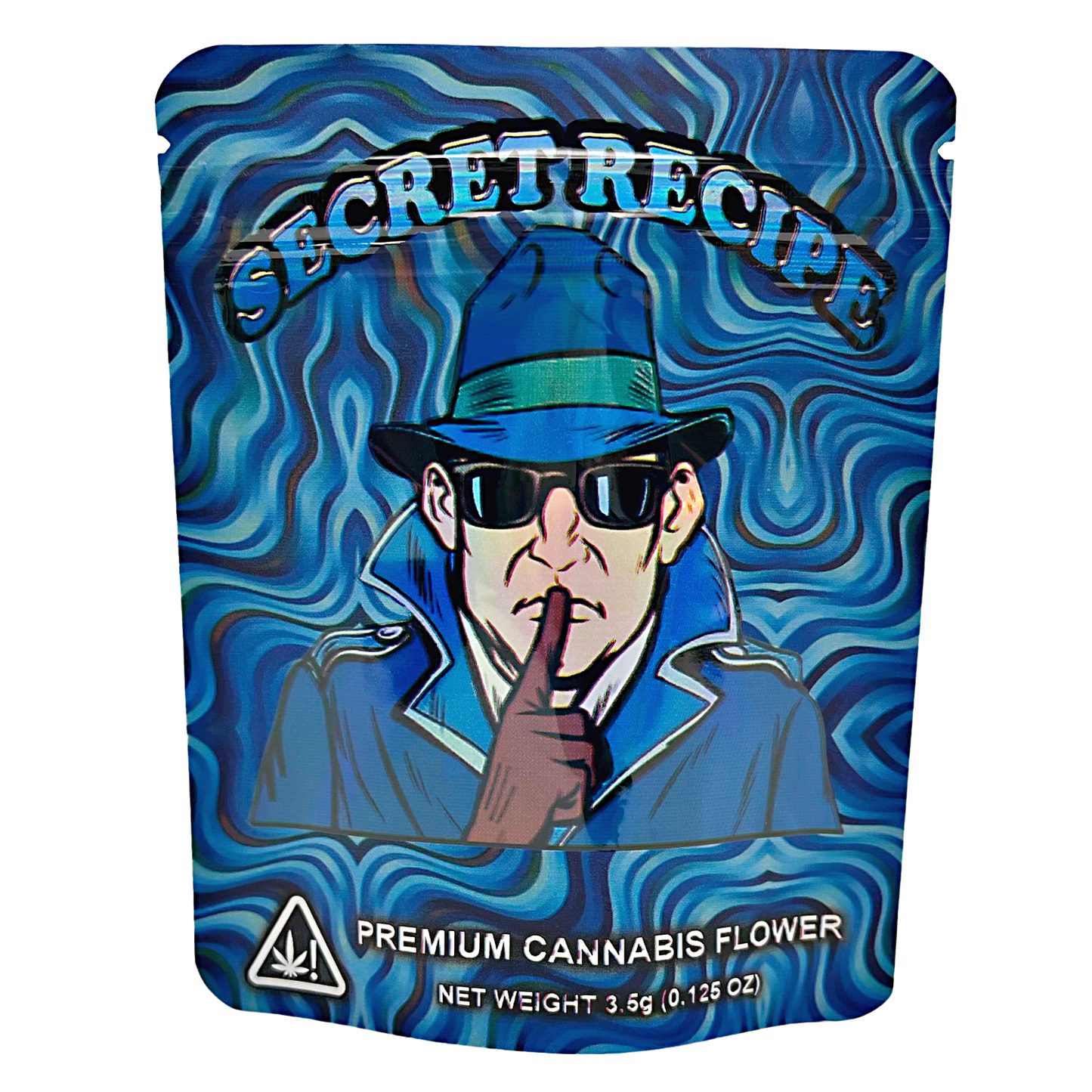 3.5G Mylar Bags, Cannabis Mylar Bags, Where to buy mylar bags, Custom mylar bags near me, Mylar Bags Wholesale. Cannabis packaging with a stylized figure and 'Secret Recipe' branding on a blue and white background.