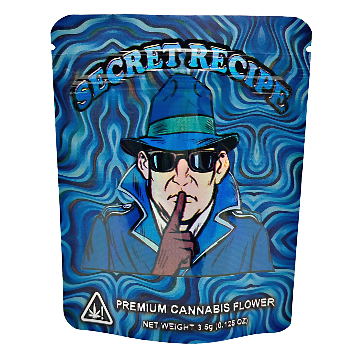 3.5G Mylar Bags, Cannabis Mylar Bags, Where to buy mylar bags, Custom mylar bags near me, Mylar Bags Wholesale. Cannabis packaging with a stylized figure and 'Secret Recipe' branding on a blue and white background.