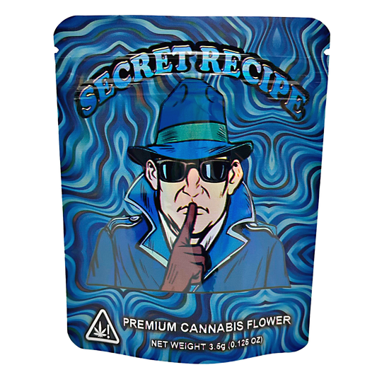 3.5G Mylar Bags, Cannabis Mylar Bags, Where to buy mylar bags, Custom mylar bags near me, Mylar Bags Wholesale. Cannabis packaging with a stylized figure and 'Secret Recipe' branding on a blue and white background.