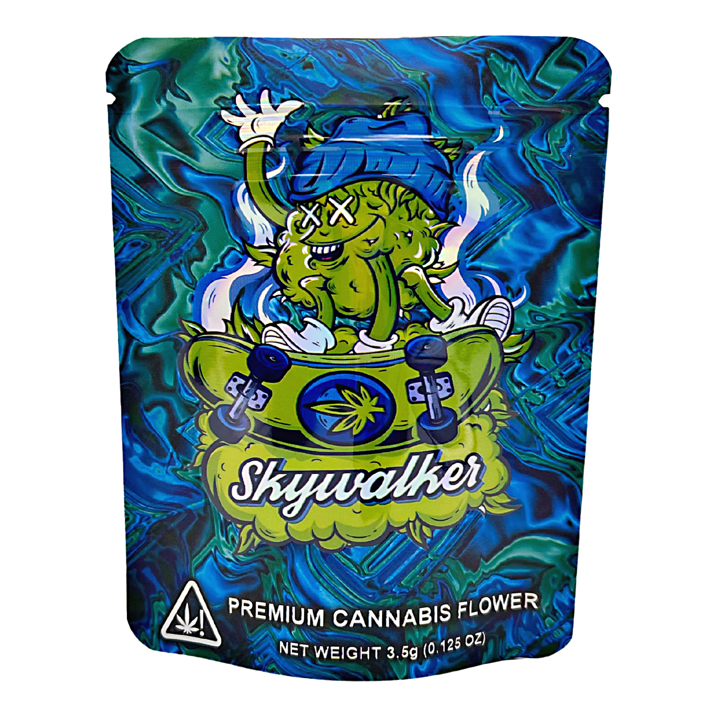 3.5G Mylar Bags, Cannabis Mylar Bags, Where to buy mylar bags, Custom mylar bags near me, Mylar Bags Wholesale. Cannabis packaging with cartoon character and 'Skywalker' branding on a blue and green background