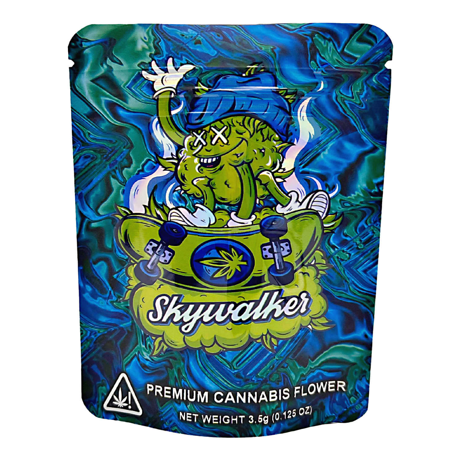 3.5G Mylar Bags, Cannabis Mylar Bags, Where to buy mylar bags, Custom mylar bags near me, Mylar Bags Wholesale. Cannabis packaging with cartoon character and 'Skywalker' branding on a blue and green background