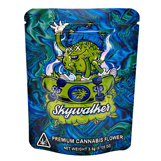 3.5G Mylar Bags, Cannabis Mylar Bags, Where to buy mylar bags, Custom mylar bags near me, Mylar Bags Wholesale. Cannabis packaging with cartoon character and 'Skywalker' branding on a blue and green background