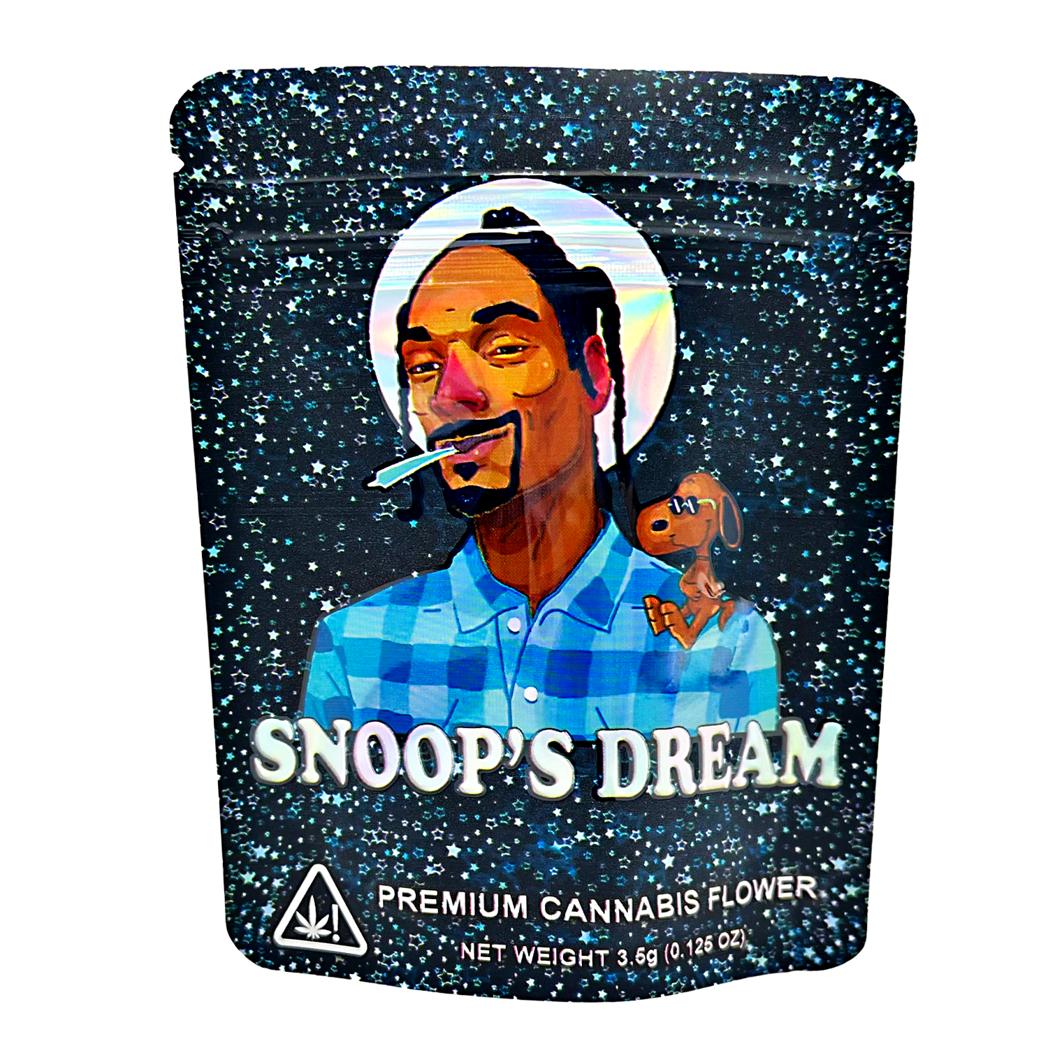 3.5G Mylar Bags, Cannabis Mylar Bags, Where to buy mylar bags, Custom mylar bags near me, Mylar Bags Wholesale. Cannabis packaging with a person smoking a joint and 'Snoop's Dream' branding.