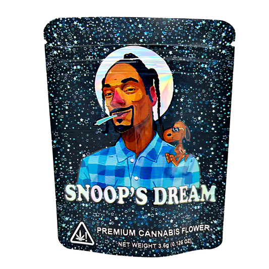 3.5G Mylar Bags, Cannabis Mylar Bags, Where to buy mylar bags, Custom mylar bags near me, Mylar Bags Wholesale. Cannabis packaging with a person smoking a joint and 'Snoop's Dream' branding.