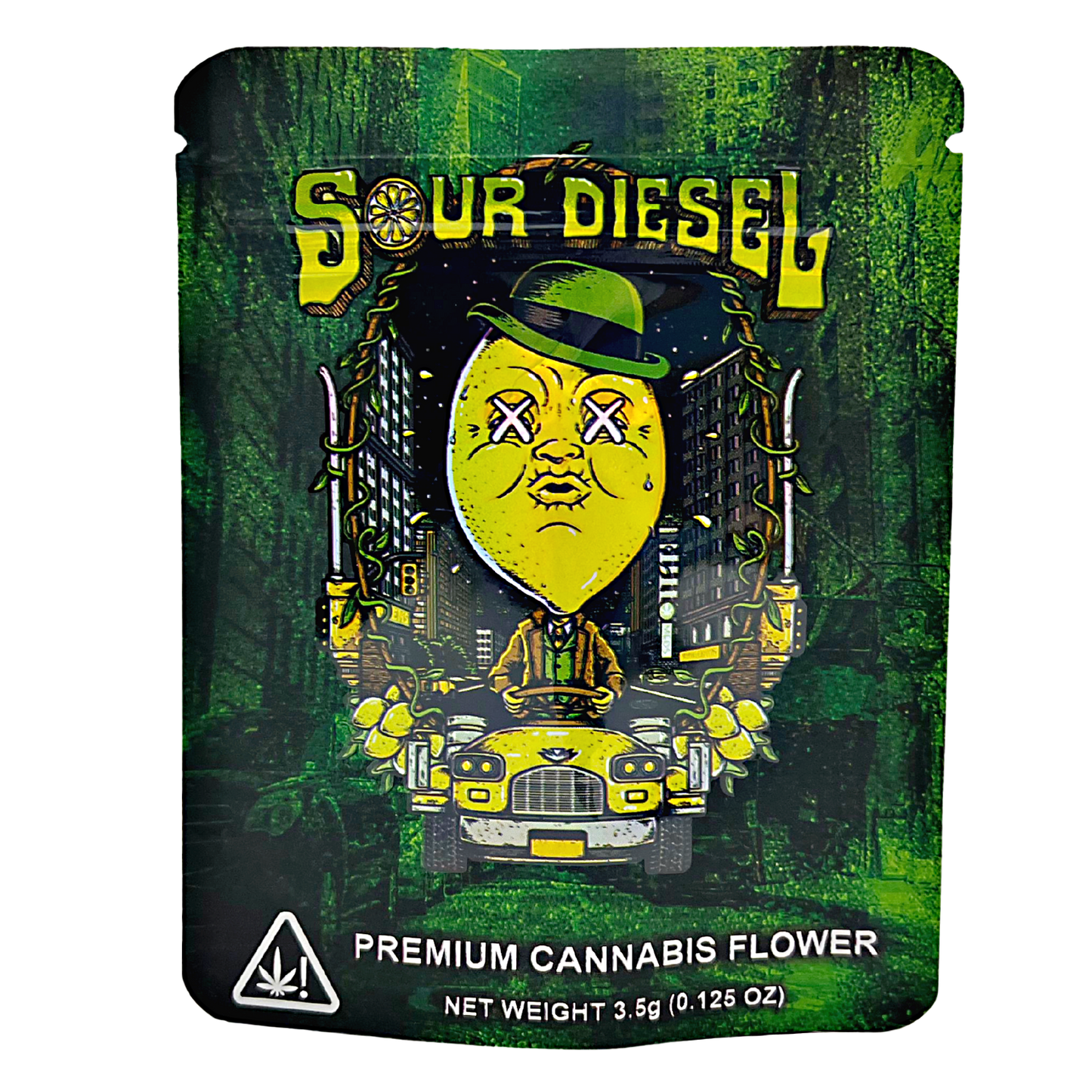 3.5G Mylar Bags, Cannabis Mylar Bags, Where to buy mylar bags, Custom mylar bags near me, Mylar Bags Wholesale. Sour Diesel cannabis packaging with a yellow lemon character and green background