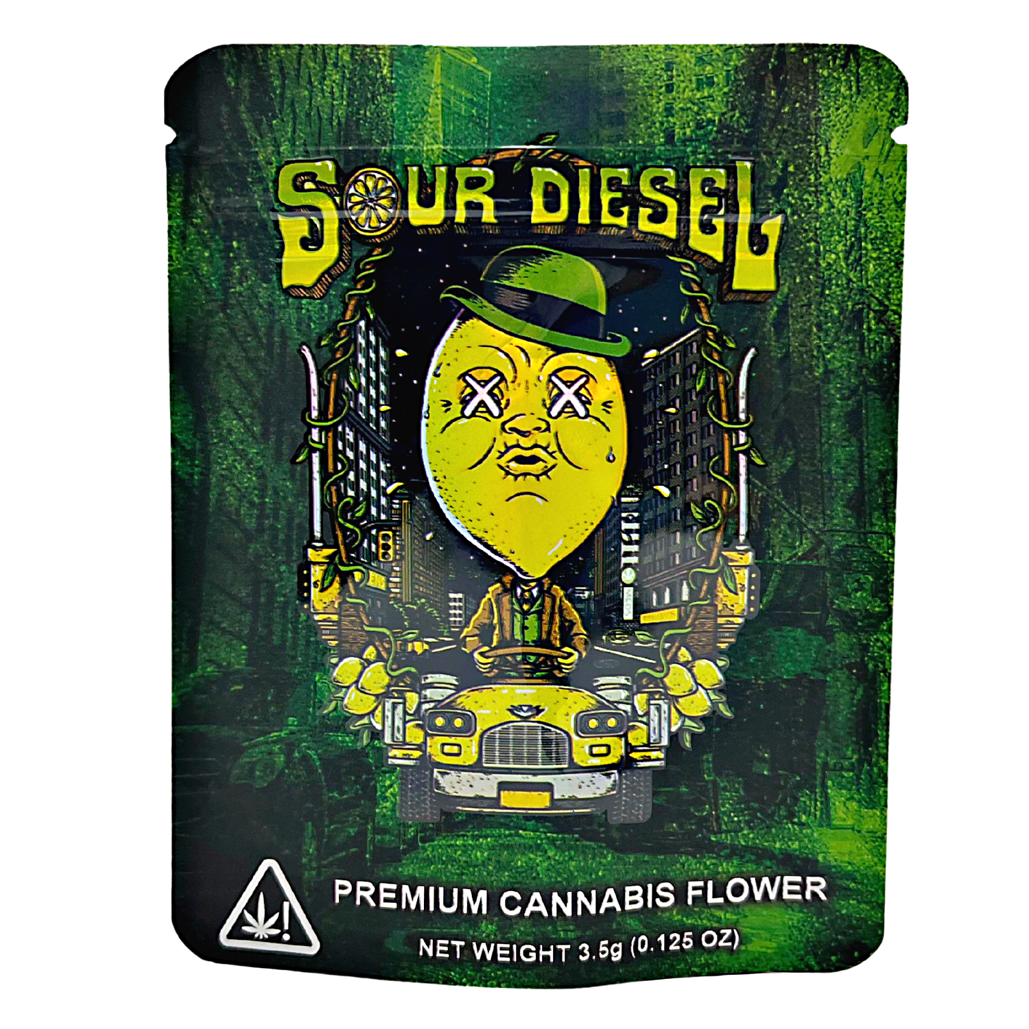 3.5G Mylar Bags, Cannabis Mylar Bags, Where to buy mylar bags, Custom mylar bags near me, Mylar Bags Wholesale. Sour Diesel cannabis packaging with a yellow lemon character and green background