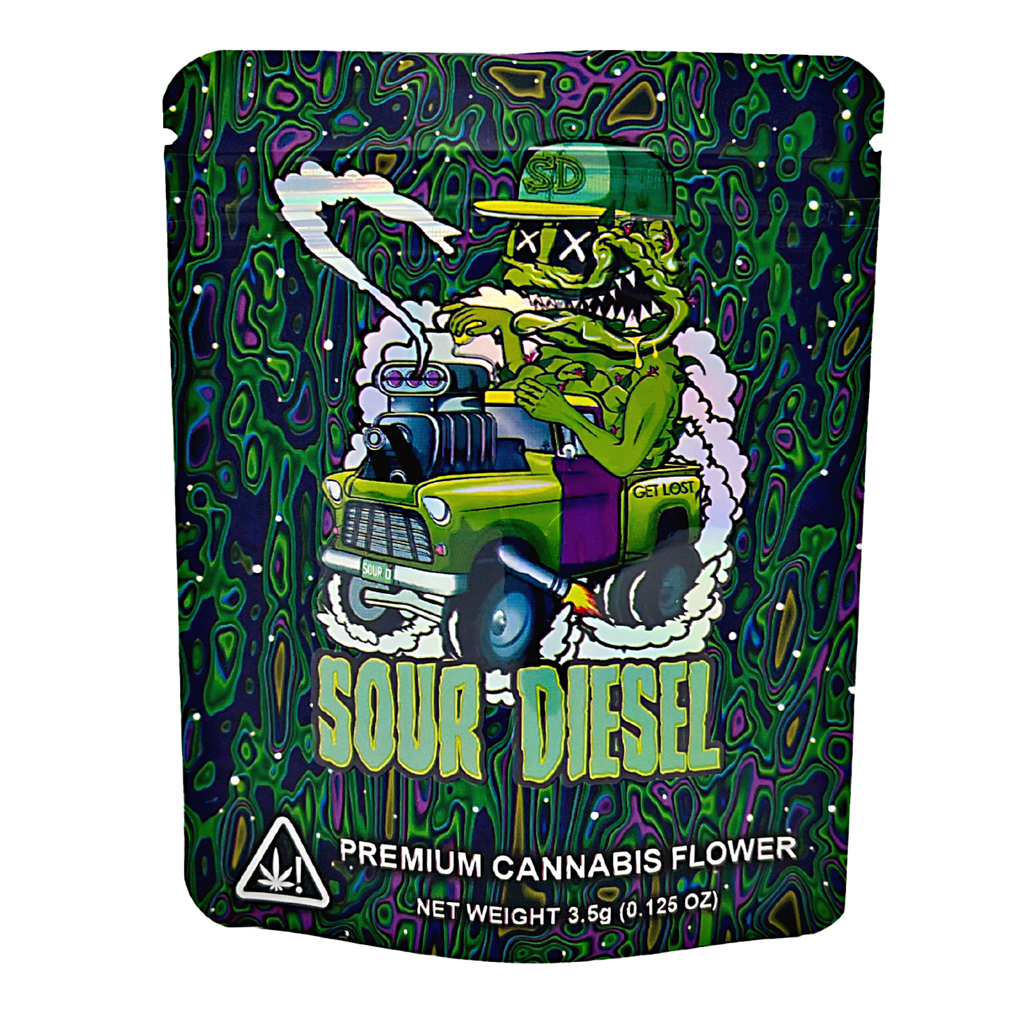 3.5G Mylar Bags, Cannabis Mylar Bags, Where to buy mylar bags, Custom mylar bags near me, Mylar Bags Wholesale. Cannabis packaging with a cartoon character and text 'Sour Diesel' on a colorful background