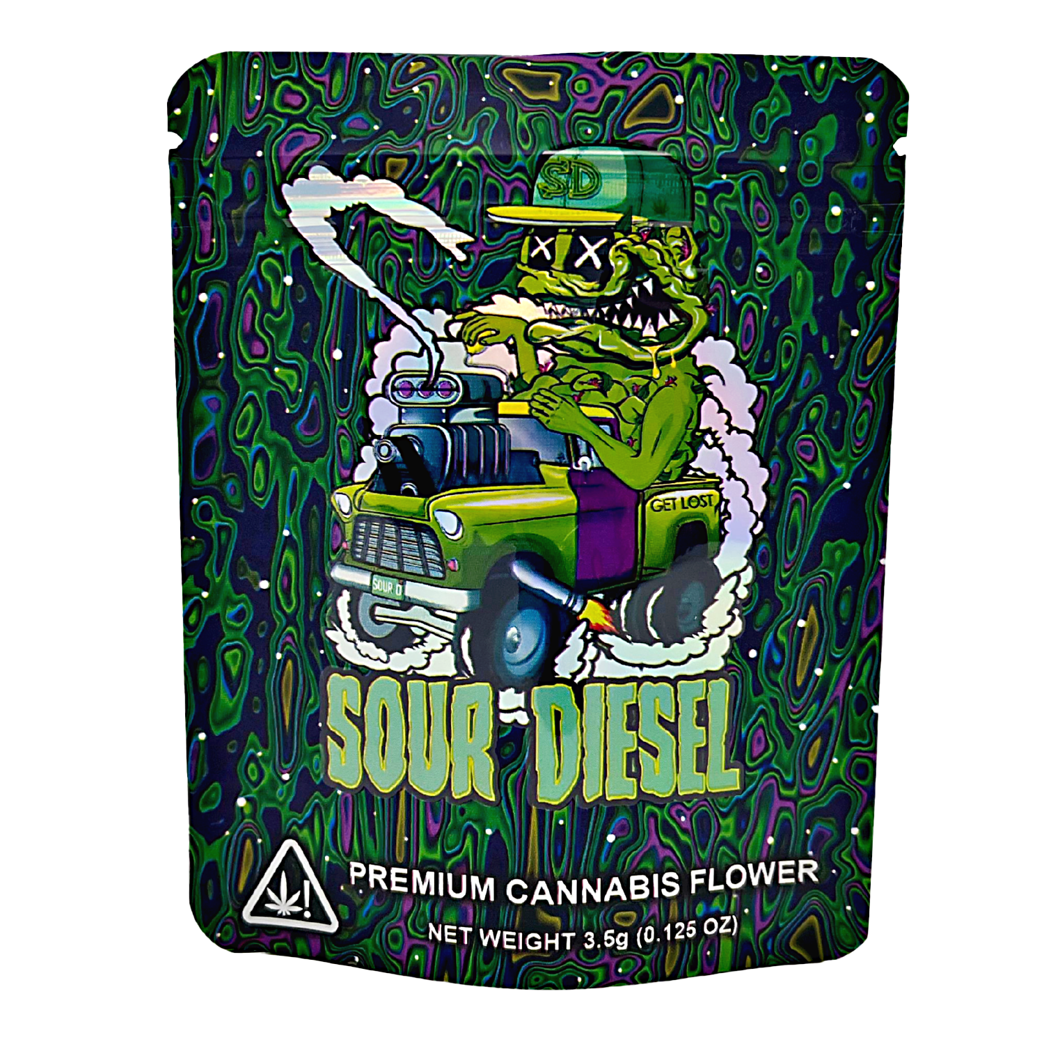 3.5G Mylar Bags, Cannabis Mylar Bags, Where to buy mylar bags, Custom mylar bags near me, Mylar Bags Wholesale. Cannabis packaging with a cartoon character and text 'Sour Diesel' on a colorful background