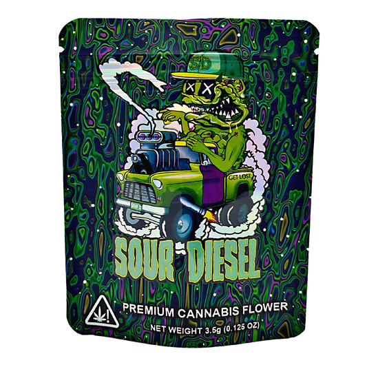 3.5G Mylar Bags, Cannabis Mylar Bags, Where to buy mylar bags, Custom mylar bags near me, Mylar Bags Wholesale. Cannabis packaging with a cartoon character and text 'Sour Diesel' on a colorful background
