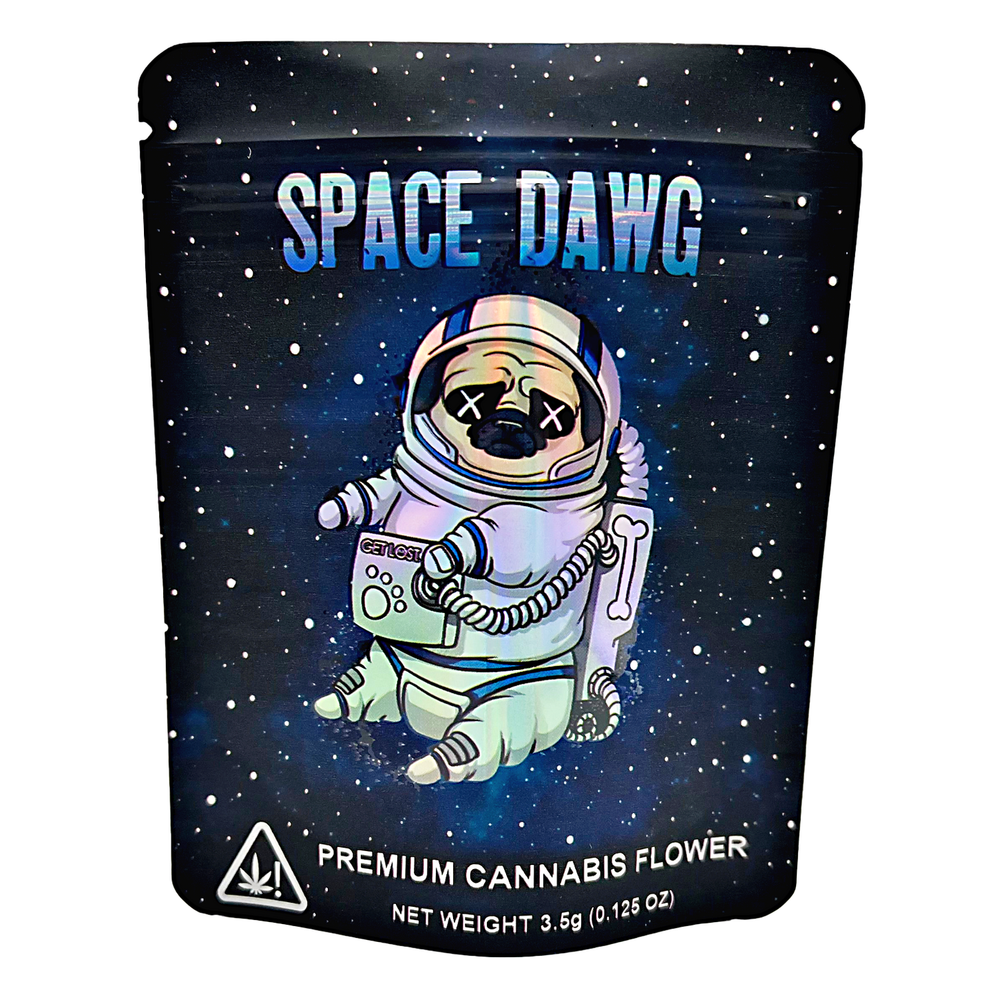 3.5G Mylar Bags, Cannabis Mylar Bags, Where to buy mylar bags, Custom mylar bags near me, Mylar Bags Wholesale. Space-themed cannabis packaging with an astronaut illustration on a dark space background