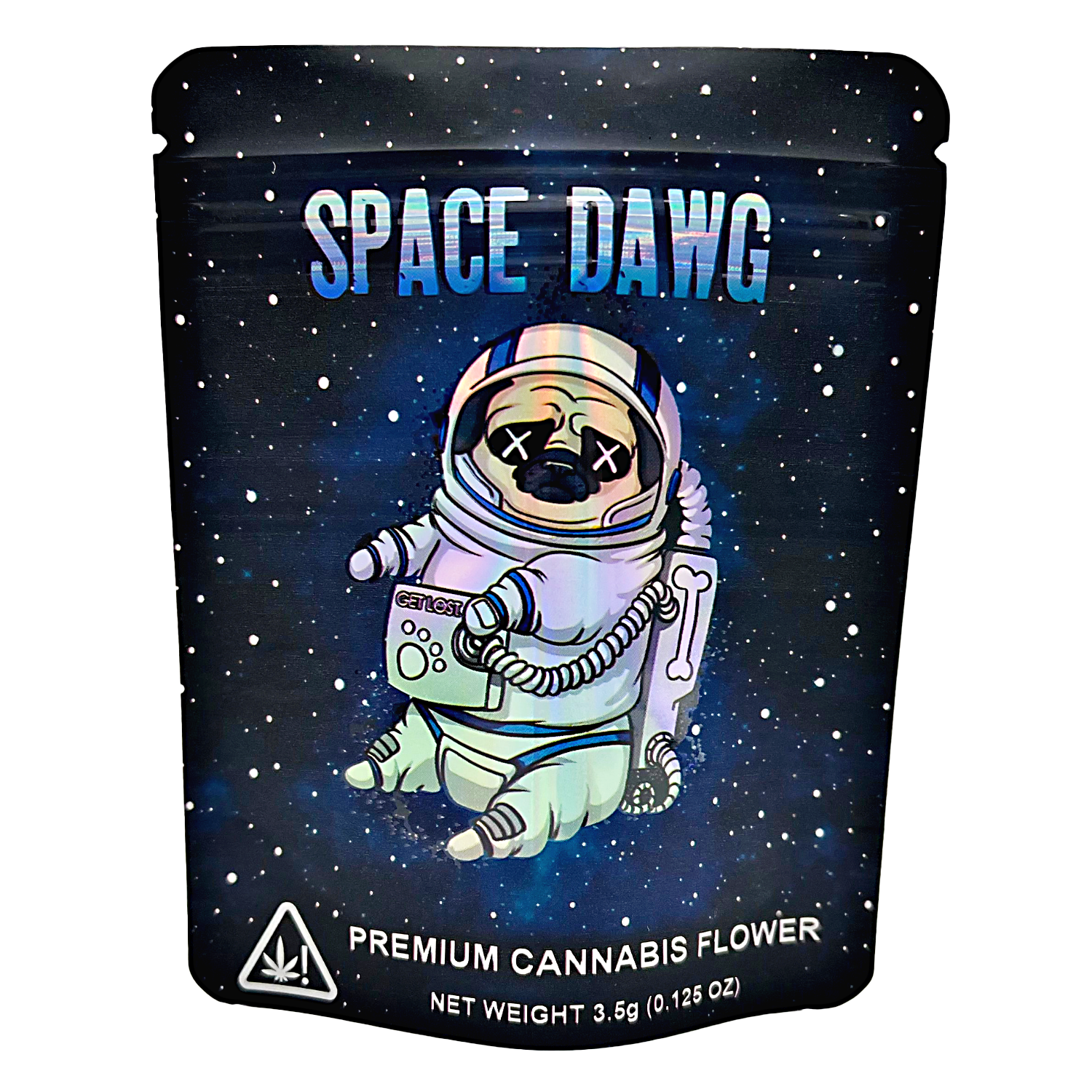 3.5G Mylar Bags, Cannabis Mylar Bags, Where to buy mylar bags, Custom mylar bags near me, Mylar Bags Wholesale. Space-themed cannabis packaging with an astronaut illustration on a dark space background