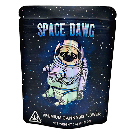 3.5G Mylar Bags, Cannabis Mylar Bags, Where to buy mylar bags, Custom mylar bags near me, Mylar Bags Wholesale. Space-themed cannabis packaging with an astronaut illustration on a dark space background