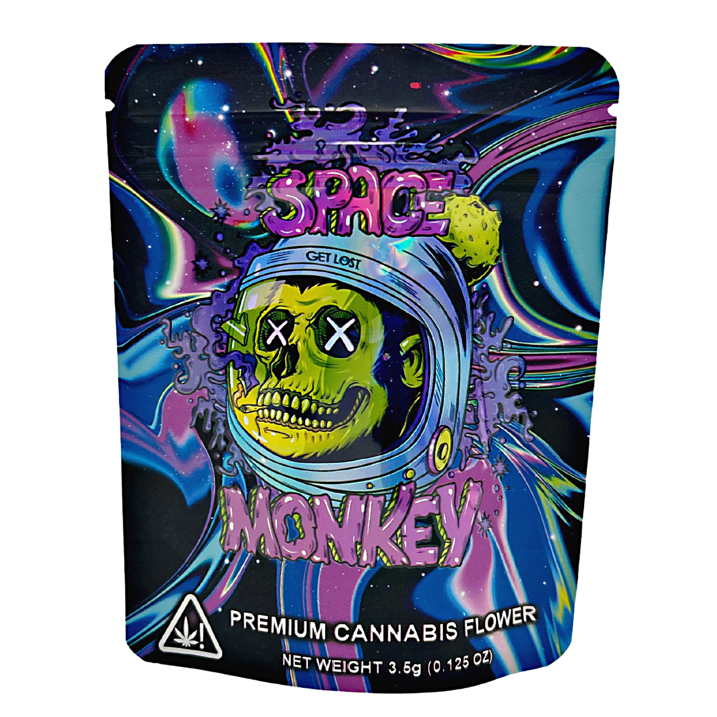 3.5G Mylar Bags, Cannabis Mylar Bags, Where to buy mylar bags, Custom mylar bags near me, Mylar Bags Wholesale. Space Monkey cannabis flower packaging with colorful design and space-themed illustration.