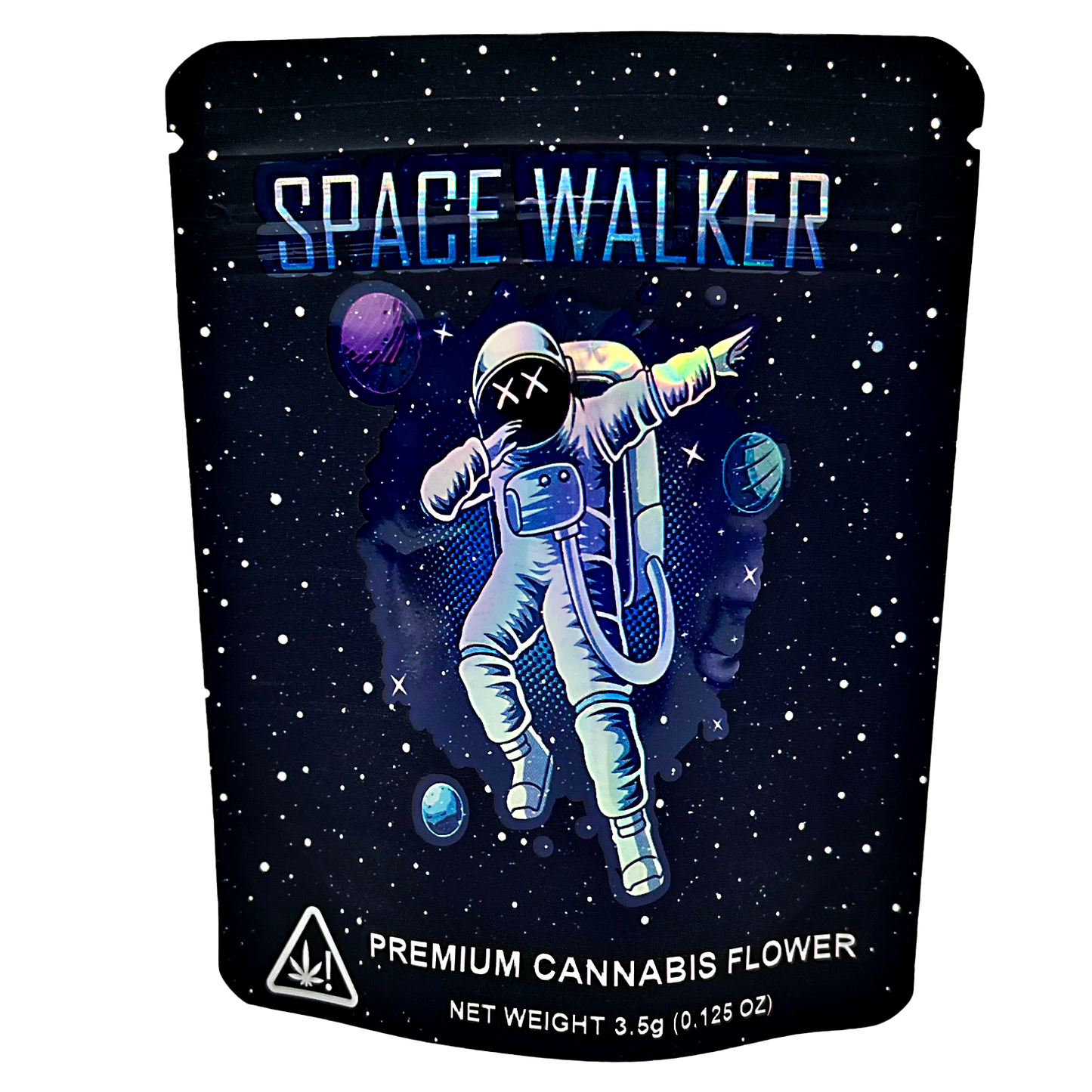 3.5G Mylar Bags, Cannabis Mylar Bags, Where to buy mylar bags, Custom mylar bags near me, Mylar Bags Wholesale. Space Walker premium cannabis flower packaging with an astronaut design on a dark background