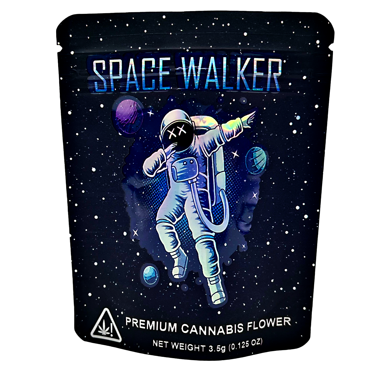 3.5G Mylar Bags, Cannabis Mylar Bags, Where to buy mylar bags, Custom mylar bags near me, Mylar Bags Wholesale. Space Walker premium cannabis flower packaging with an astronaut design on a dark background
