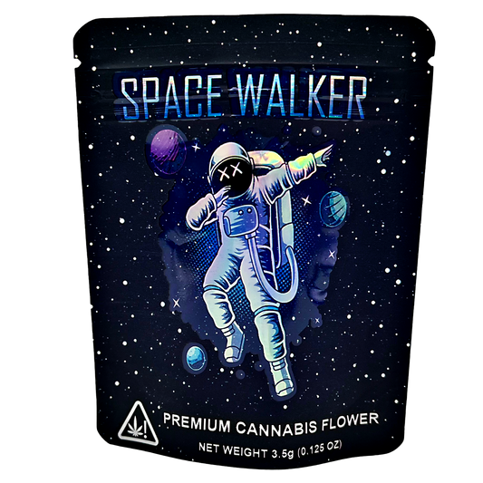 3.5G Mylar Bags, Cannabis Mylar Bags, Where to buy mylar bags, Custom mylar bags near me, Mylar Bags Wholesale. Space Walker premium cannabis flower packaging with an astronaut design on a dark background