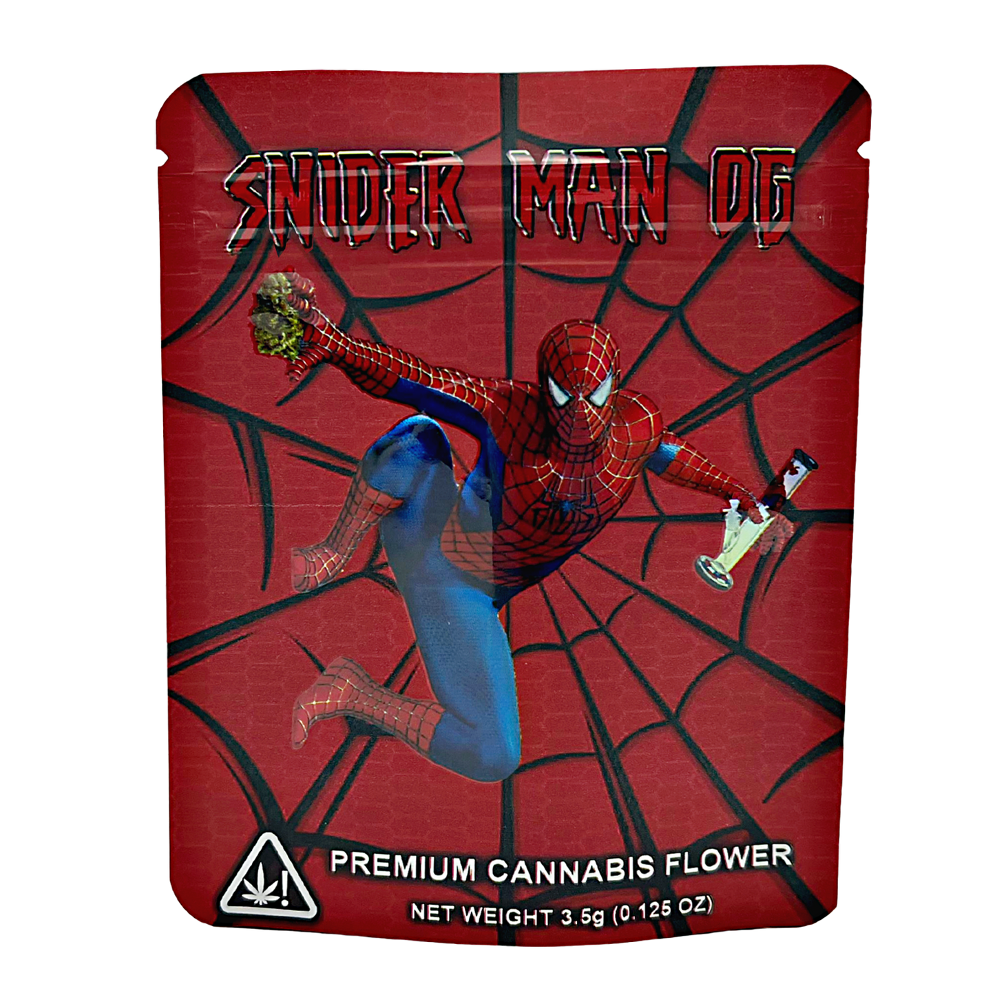 Mylar Bags Spider-Man themed cannabis packaging with red and black web pattern
