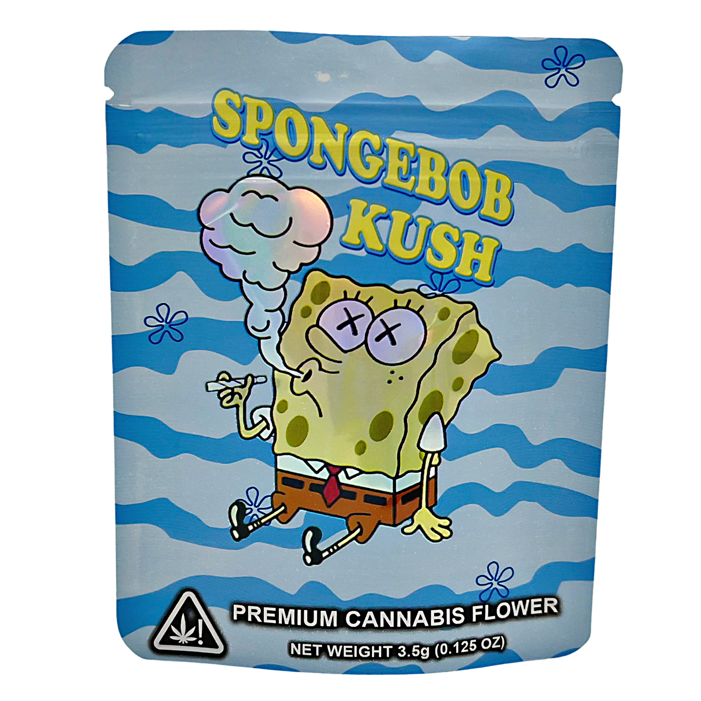 3.5G Mylar Bags, Cannabis Mylar Bags, Where to buy mylar bags, Custom mylar bags near me, Mylar Bags Wholesale. SpongeBob-themed packaging for premium cannabis flower with a blue striped background