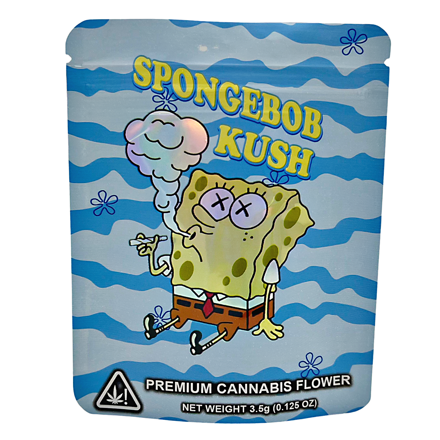 3.5G Mylar Bags, Cannabis Mylar Bags, Where to buy mylar bags, Custom mylar bags near me, Mylar Bags Wholesale. SpongeBob-themed packaging for premium cannabis flower with a blue striped background