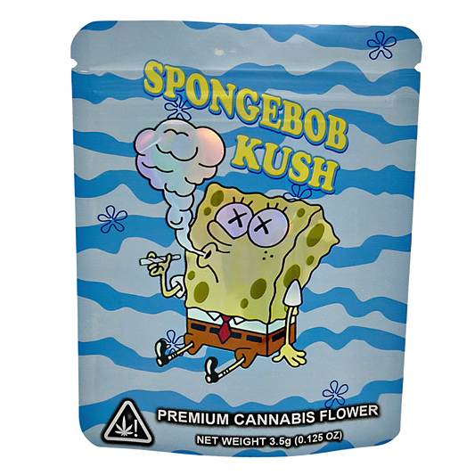 3.5G Mylar Bags, Cannabis Mylar Bags, Where to buy mylar bags, Custom mylar bags near me, Mylar Bags Wholesale. SpongeBob-themed packaging for premium cannabis flower with a blue striped background