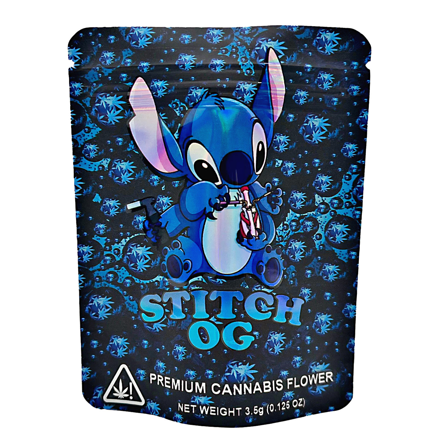 Cannabis packaging with a cartoon character on a blue and black 3.5G Mylar Bags, Cannabis Mylar Bags, Where to buy mylar bags, Custom mylar bags near me, Mylar Bags Wholesale. background