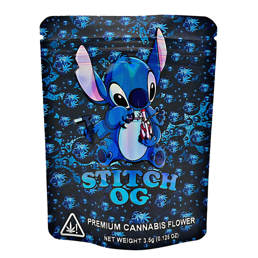 Cannabis packaging with a cartoon character on a blue and black 3.5G Mylar Bags, Cannabis Mylar Bags, Where to buy mylar bags, Custom mylar bags near me, Mylar Bags Wholesale. background