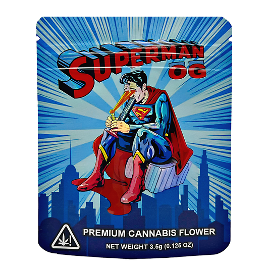 Mylar Bag Superman-themed cannabis packaging with cityscape background