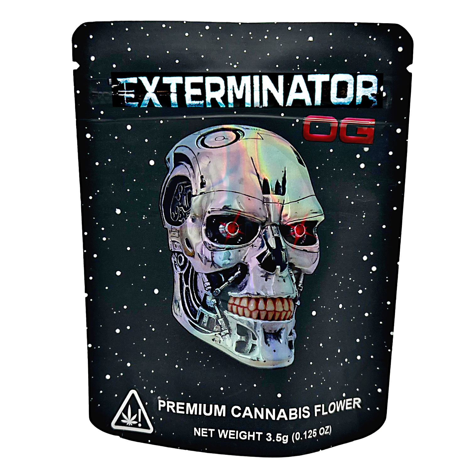 Mylar Bag Exterminator OG cannabis flower packaging with a robot skull design on a black background.