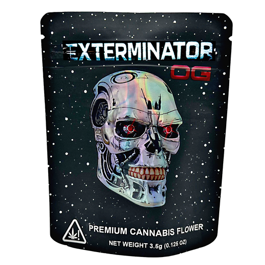 Mylar Bag Exterminator OG cannabis flower packaging with a robot skull design on a black background.