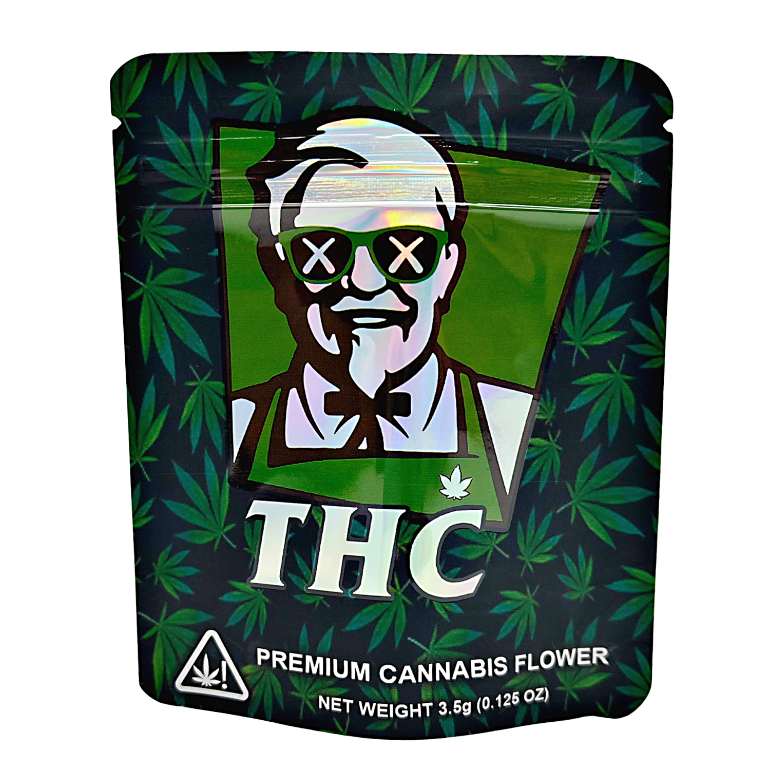 3.5G Mylar Bags, Cannabis Mylar Bags, Where to buy mylar bags, Custom mylar bags near me, Mylar Bags Wholesale. THC packaging with a stylized face and cannabis leaf design on a black background.