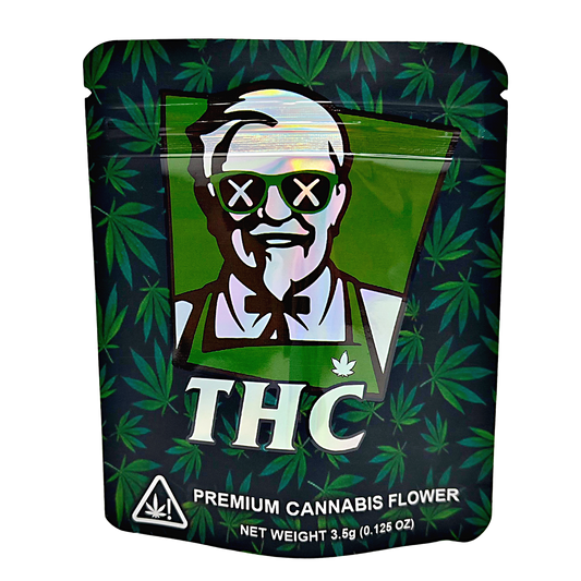 3.5G Mylar Bags, Cannabis Mylar Bags, Where to buy mylar bags, Custom mylar bags near me, Mylar Bags Wholesale. THC packaging with a stylized face and cannabis leaf design on a black background.